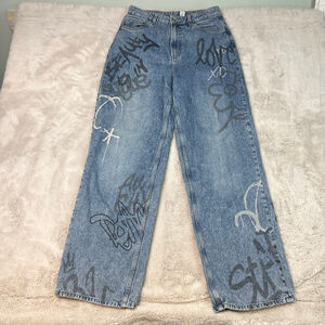 Divided H&M Jeans Womens Size 6 Graffiti High Rise WIDE Leg Light Denim Fun Love